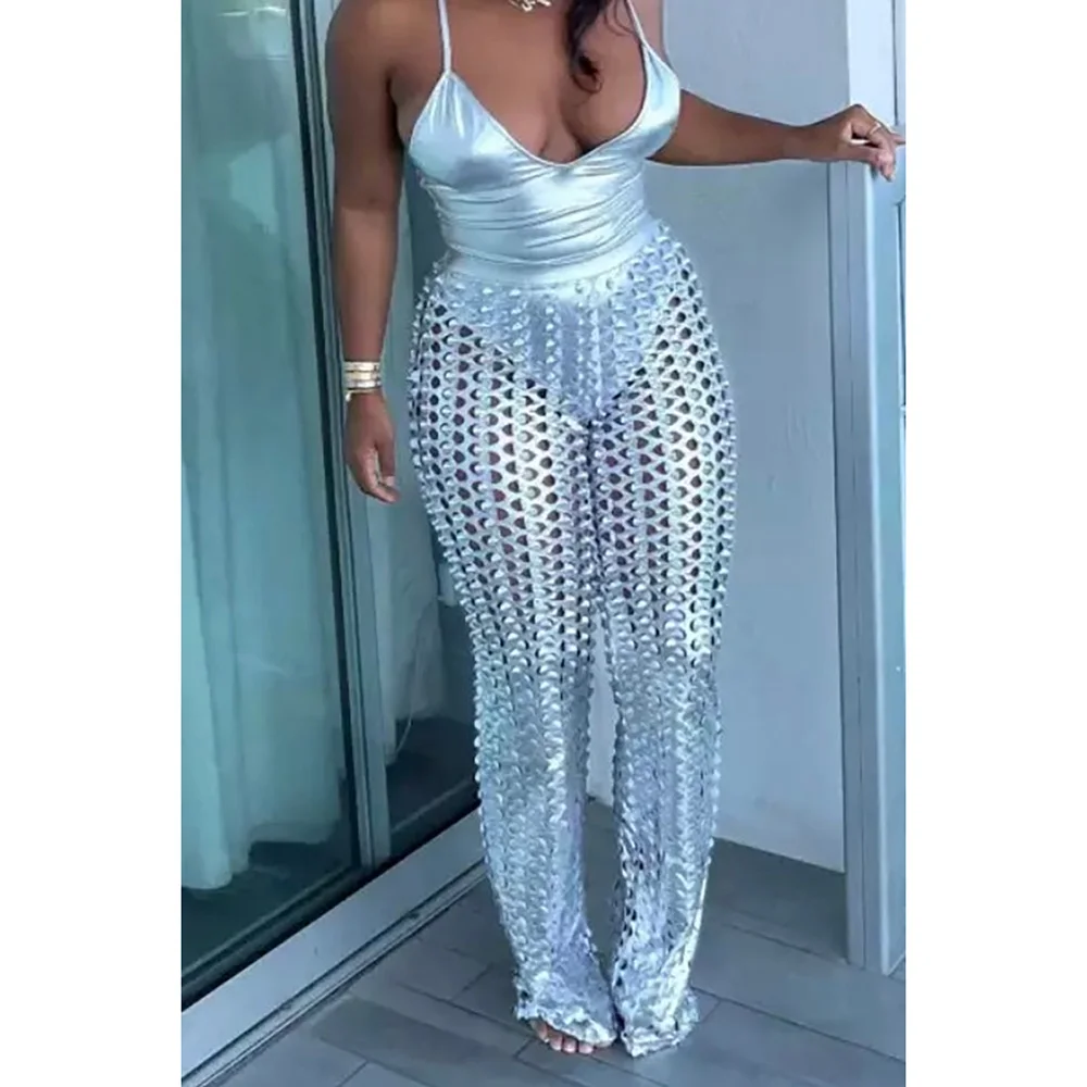 Plus Size Silver Festival Metallic Hollow Sleeveless Two Pieces Pant Sets