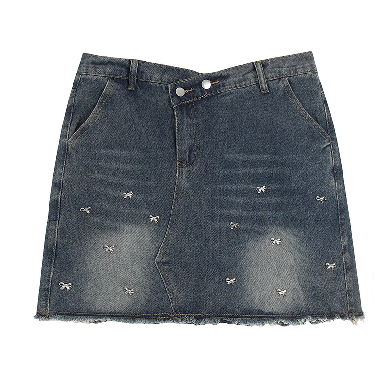 

Summer high waist slimming metal bow decoration denim skirt, suitable for plus size girls, A-line skirt