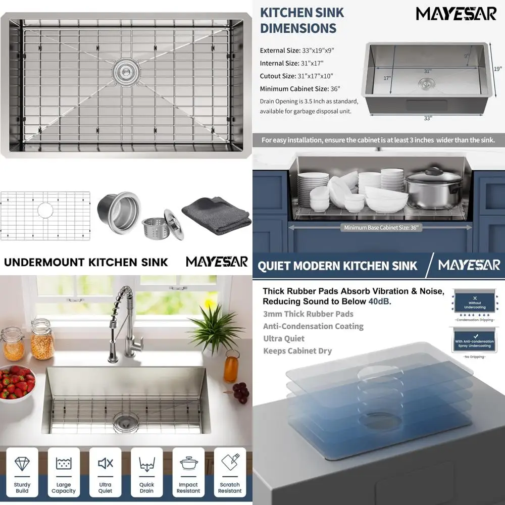 

Stainless Steel 33x19 Inch Undermount Single Bowl Kitchen Sink - 16 Gauge, 9 Deep, Handmade with Brushed Finish for Modern Kitch