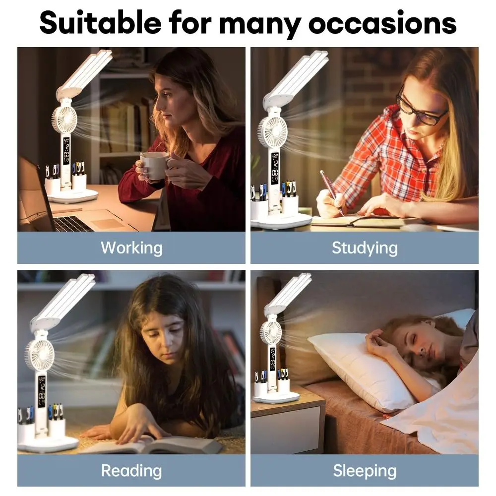 With Fan And Clock Dispaly Study Table Lamp 3 Color Four Headed Reading Desk Lamp Multifunction USB Plug Led Table Light Summer