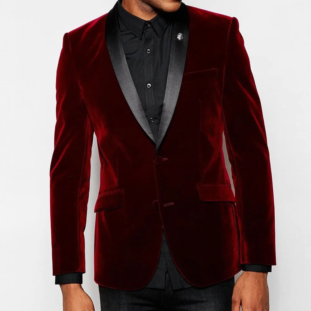 Luxury Burgundy Velvet Men\'s Suits Single Breasted Black Shawl Lapel Slim Fit Blazer Formal Wedding Groom 1 Piece Jacket Outfit