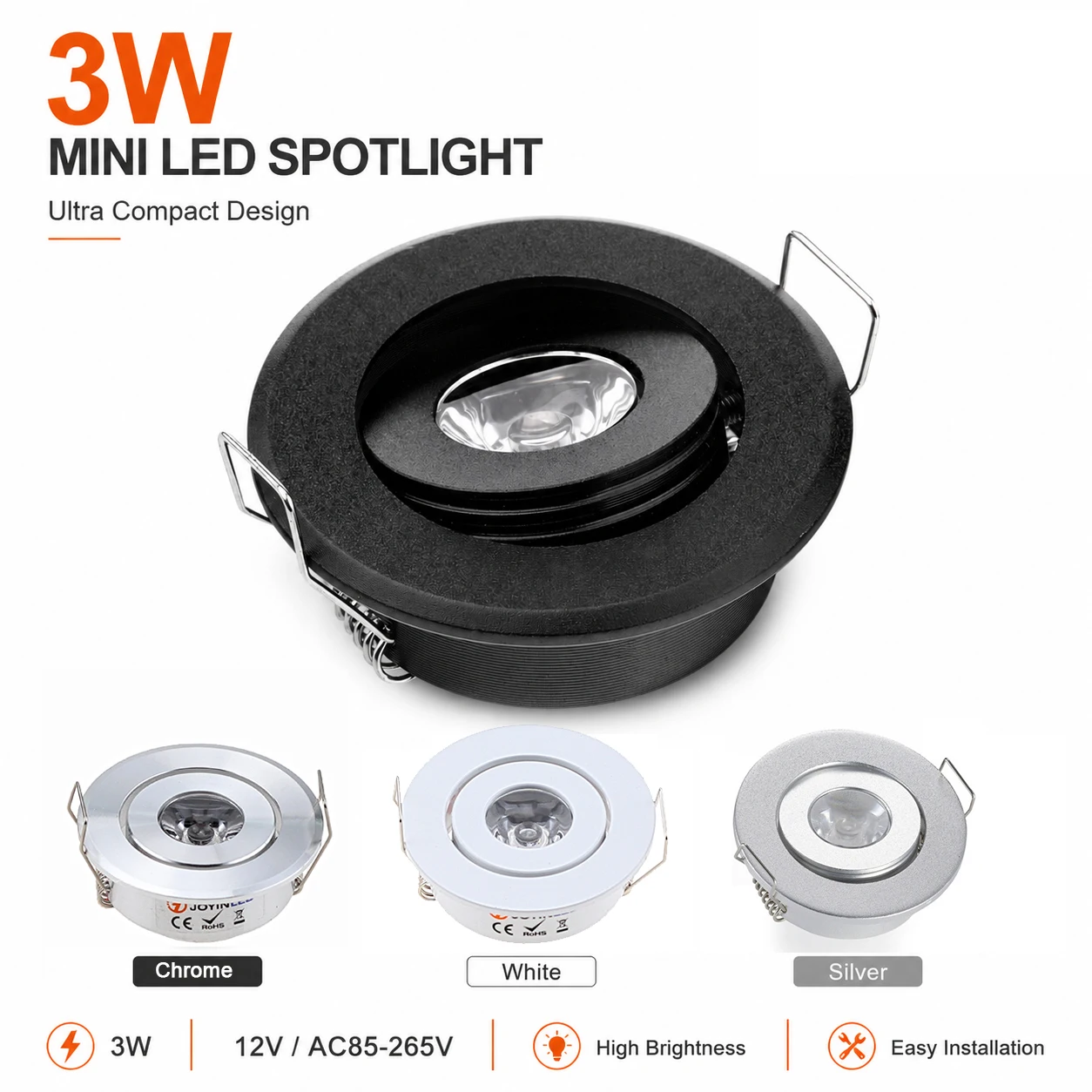 JOYINLED 3W Mini LED Spotlight Recessed Ceiling Light with Driver White Black Silver Chrome Cabinet Display Lighting 12V/85-265V