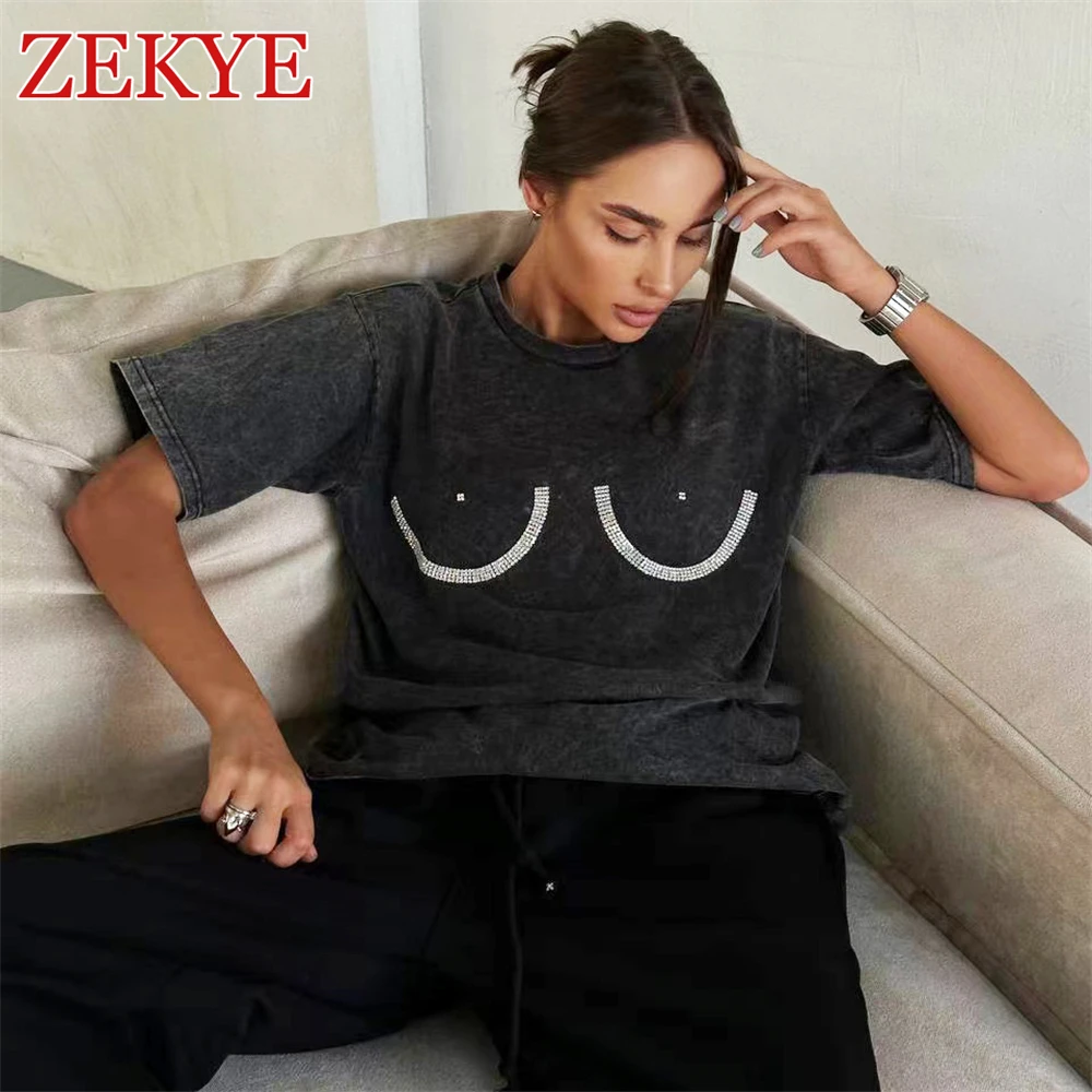 Zekye-T-shirt streetwear avec biscuits pour femme, haut décontracté rétro gris, pull basique, esthétique Y2K, DistMurcia