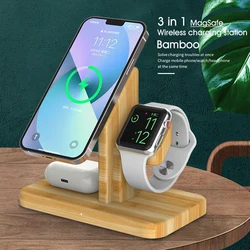 Bamboo 3 in 1  iPhone Wireless Charging Station 15W Charger Stand Dock for iPhone 14/13/12/11 iWatch se7/6/5/4 Airpods 4/3/2