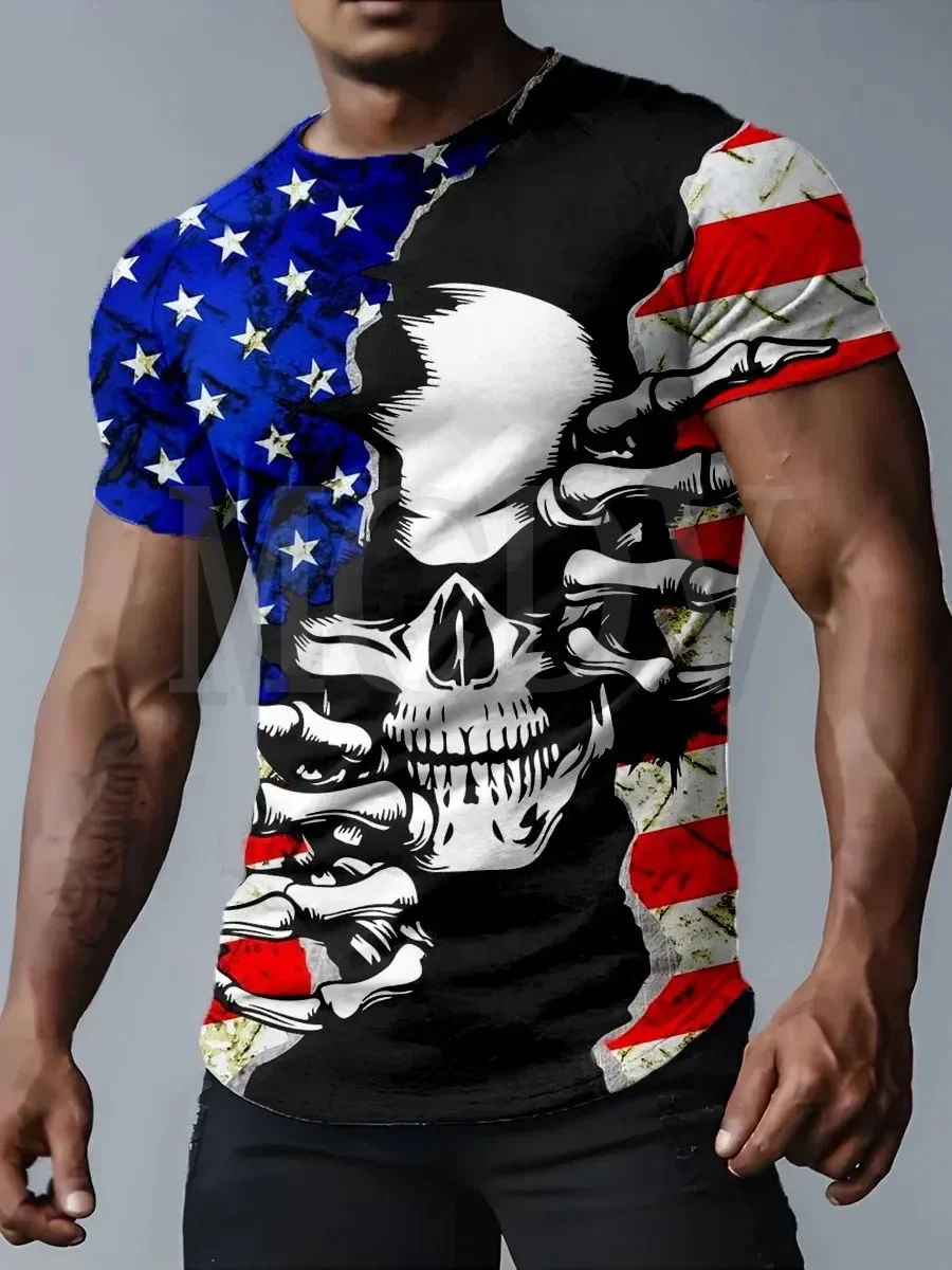 

2023 Summer Men's Independence Day Flag Patriots Skull T-Shirt The Colorful The Best He Him Hole LGBT 3D Printed T Shirt