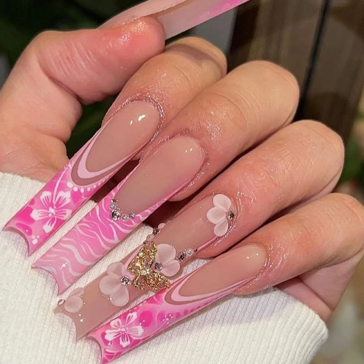 24 pz rosa balletto francese stampa sulle unghie con farfalla strass lunga bara unghie finte fiore indossabile unghie finte punta Manicure