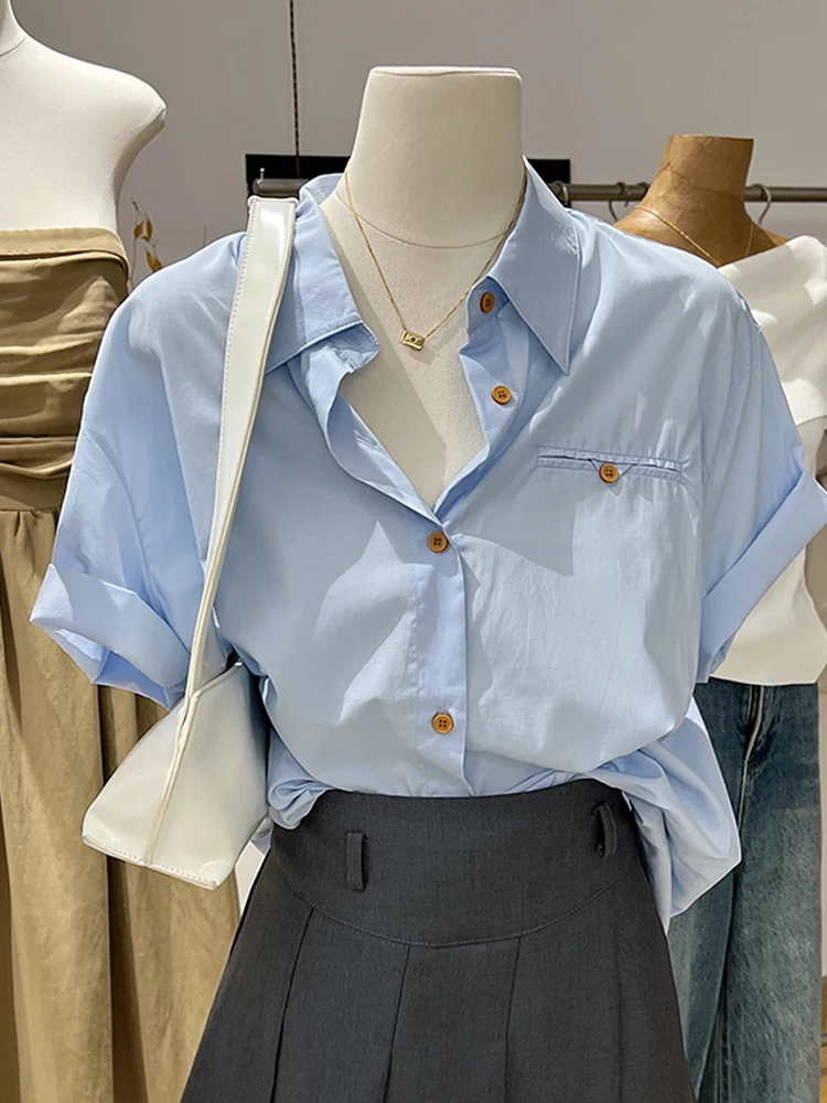 

Blue Summer Thin Casual Loose Women's irt Korean Sle Retro Collar Unique Design Top White Collar ort Sve