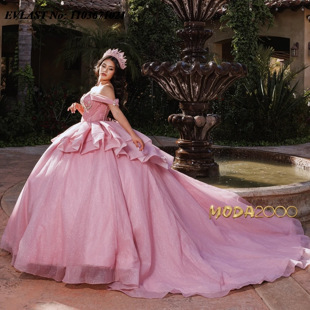 EVLAST personalizado Rosa vestido para quinceañeras vestido De baile brillante apliques cuentas cristal escalonado México dulce 16 Vestidos De 15 Anos SQ576