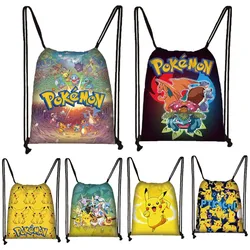 New  Pikachu Pokemon Pocket Polyester Drawstring Bags Plush Model Student Portable School Bag Toys Outdoor Backpack Gift