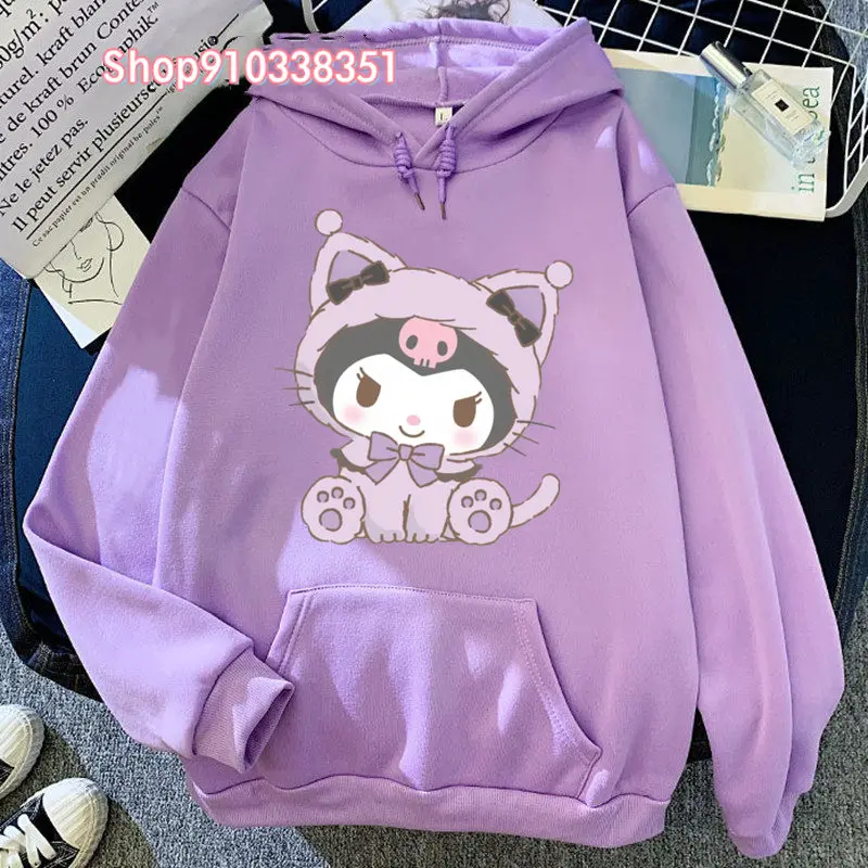 Purple Kuromi Kawaii Printed Hoodies Casual Women Sweatshirts Comfortable Fleece Pullover Crewneck Loose Female Tops Clothes