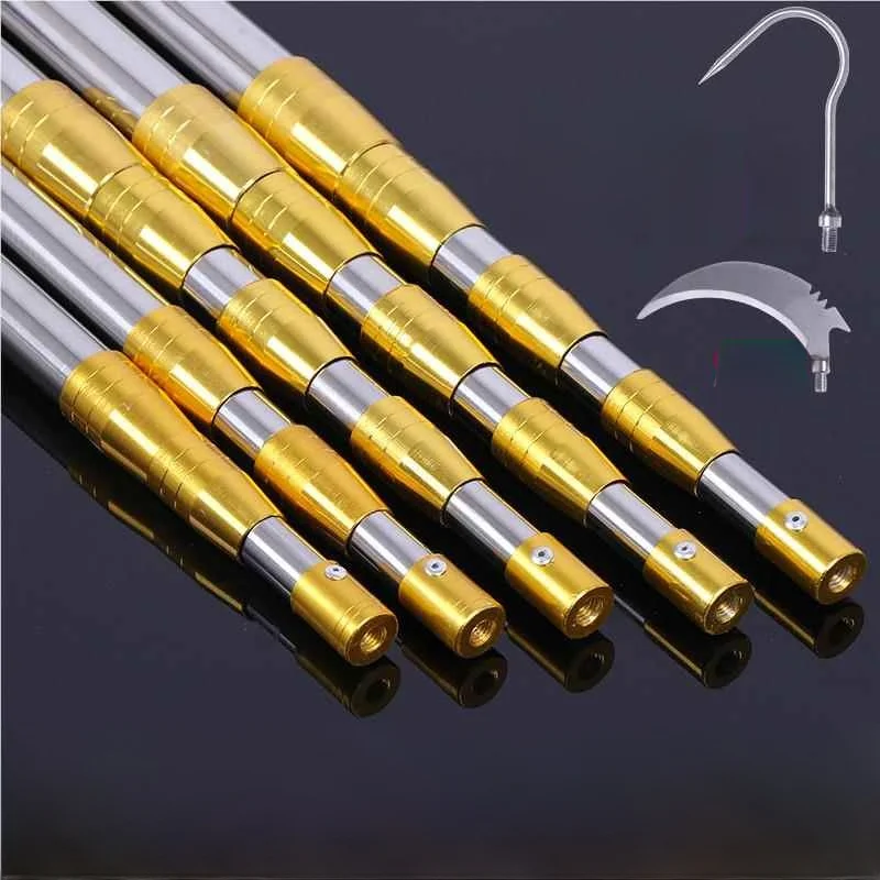 Stainless Steel Retriever Pole Multi-Functional Extendable Fruit Picking Grass Cutting Fishing Hook for Outdoor Camping Travel