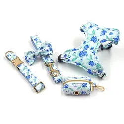 Cute Blueberry Print Personalized Dog Harness Leash set Custom Engraved Nameplate Dog Collar with Bow Puppy Poop Bag Carrier