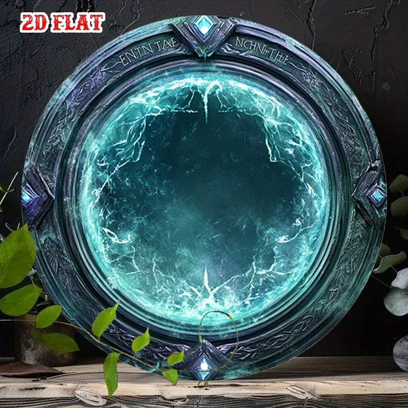 2D Flat Round Wooden Sign Glowing Teal Magical Portal Mystic Ancient Rune Gate Fantasy Dark Style Home Wall Decor Plaque