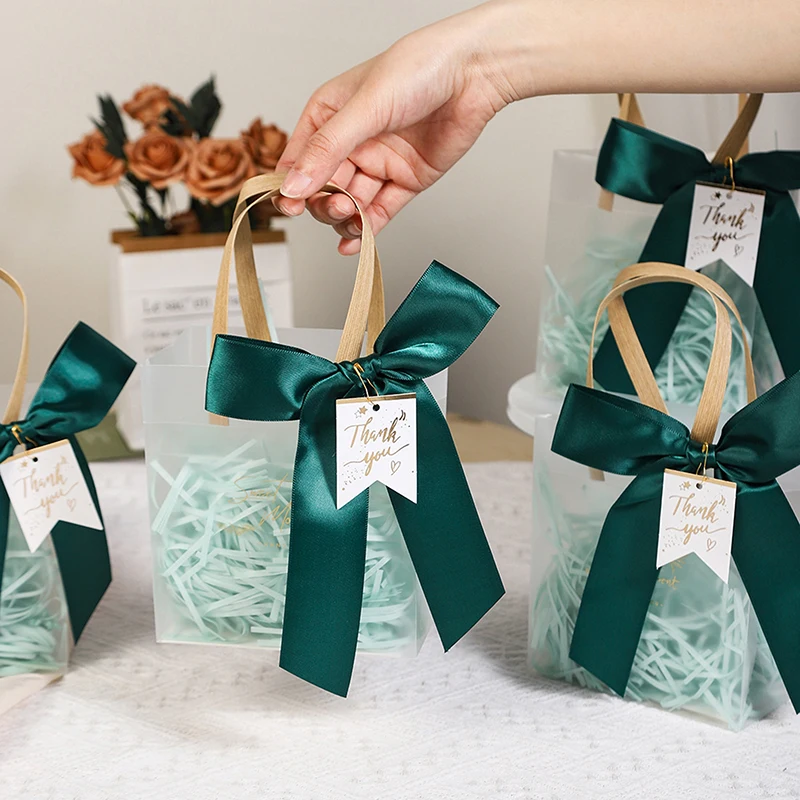 

10 шт., прозрачный подарочный пакет из ПВХ с розовой лентой, пластиковая большая сумка, подарочная упаковка, сумка для упаковки праздничных подарков, покупки, товары на день рождения