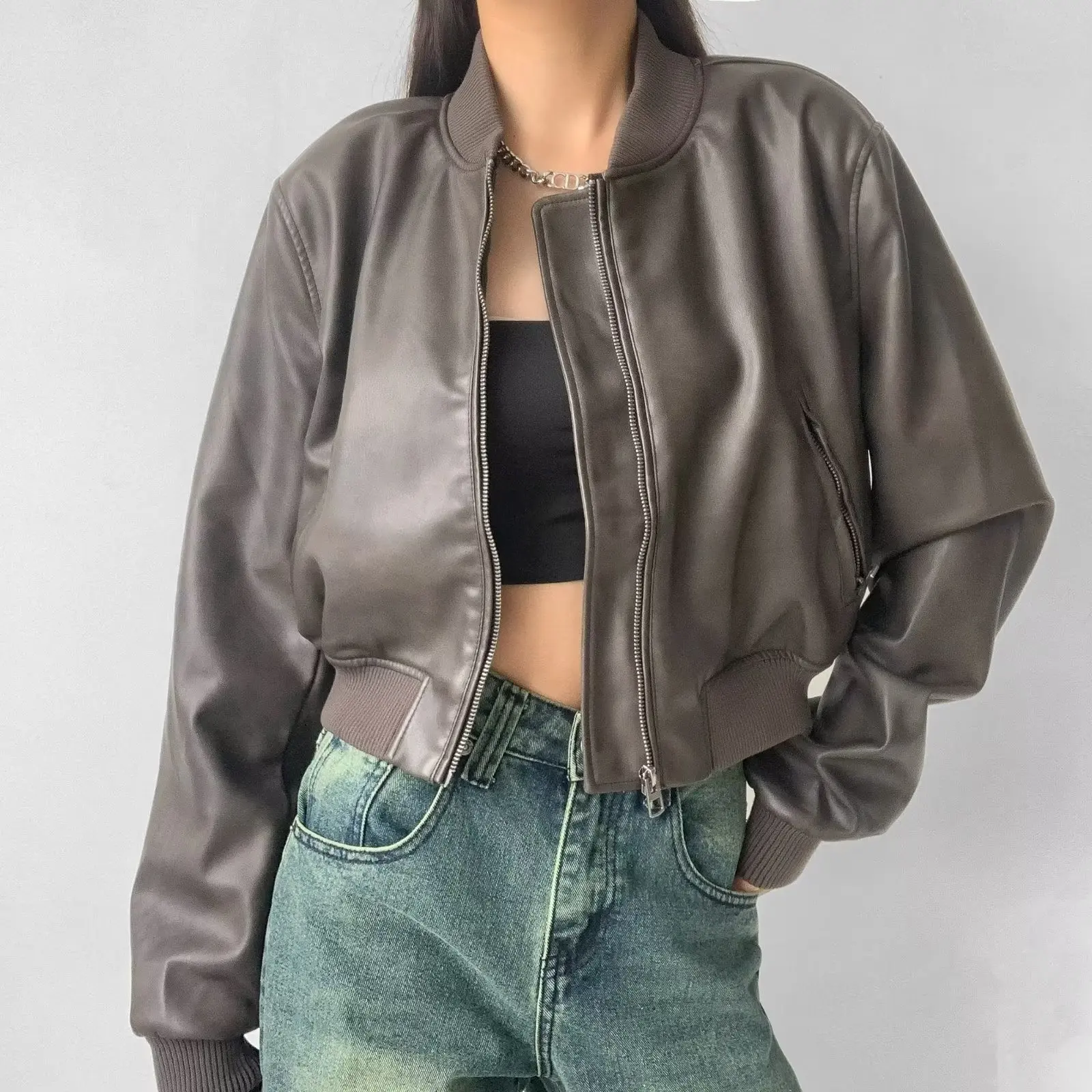Cappotto da motociclista Cé Brown Jaet Colletto alla coreana da donna 2025 Primavera Nuovo design American Sle Leather Jaet Trendy Streetwear