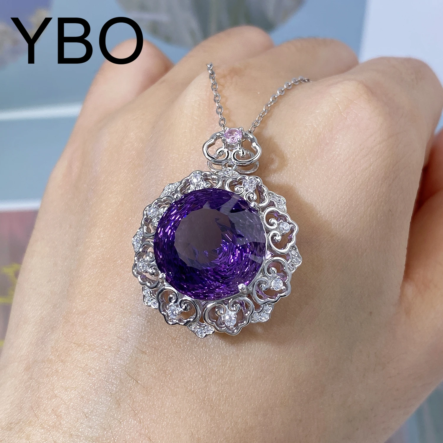 

YBO Natural Nest Cut Amethyst Necklaces 925 Sterling Silver 17mm Big Round Gemstones Luxury Jewelry Women Party Pendant Necklace