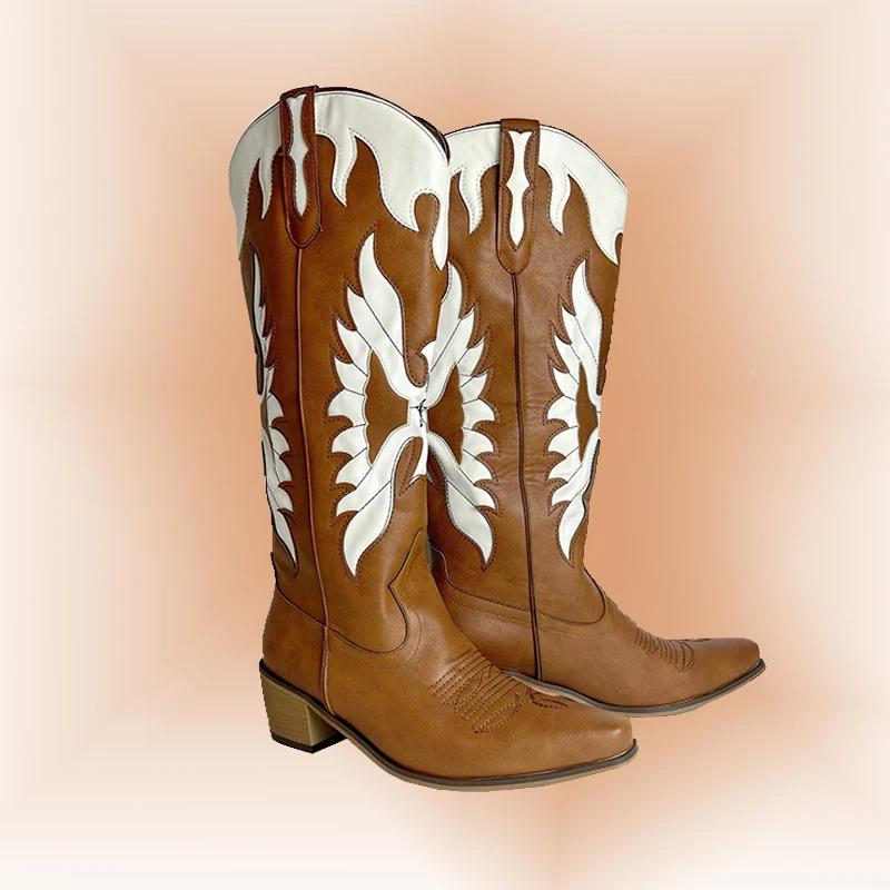 IPPEUM Cowboy Boots For Women Retro Embroidery Leather Texana Country Music Festivals Wear Brown Knee High Western Cowgirl Shoes