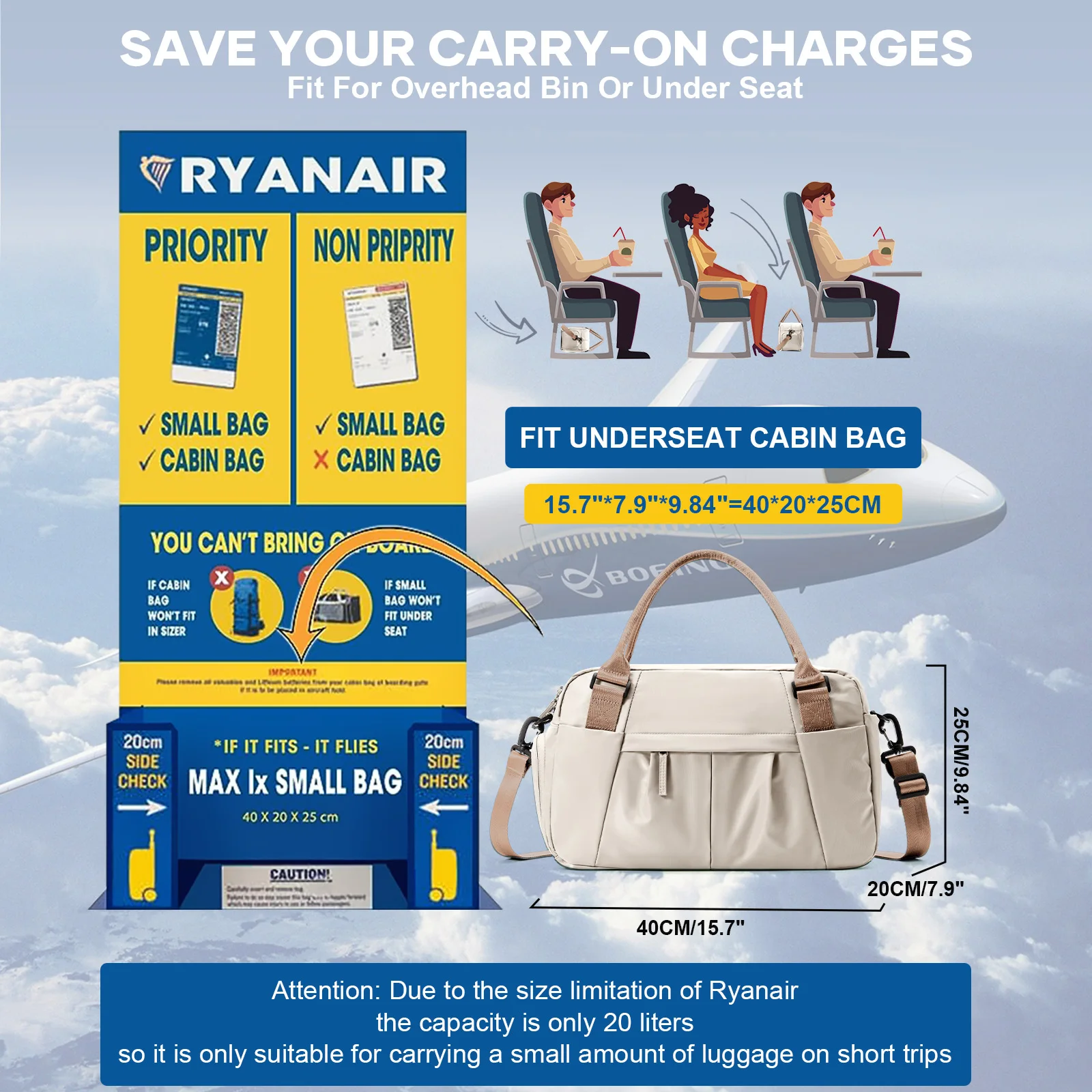 Ryanair Travel Bag 40x20x25 Cabin Bag, Organiser Bag Tote Carry-On Luggage for Weekenders & Overnight Stays Storage Duffle Bag