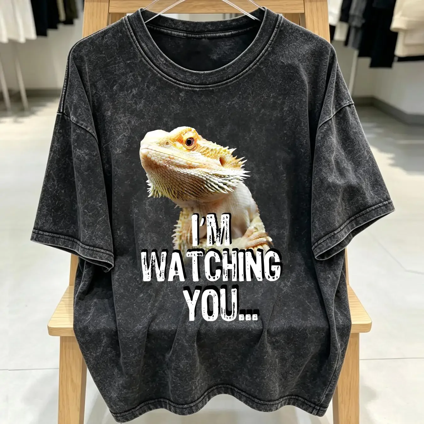 washed T Shirt Bearded Dragon im Watching You Cotton Crew neck For  vintage Washed Top For Everyday Wear designer clothes