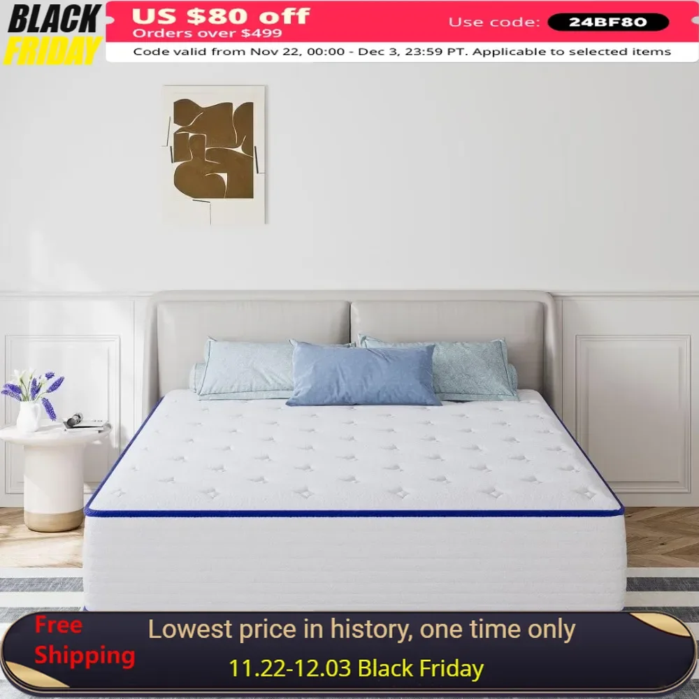 

King Size Mattress, 12 Inch Medium Firm HybridMattress With Individual Pocketed Springs And Cool Gel Memory Foam, Mattress