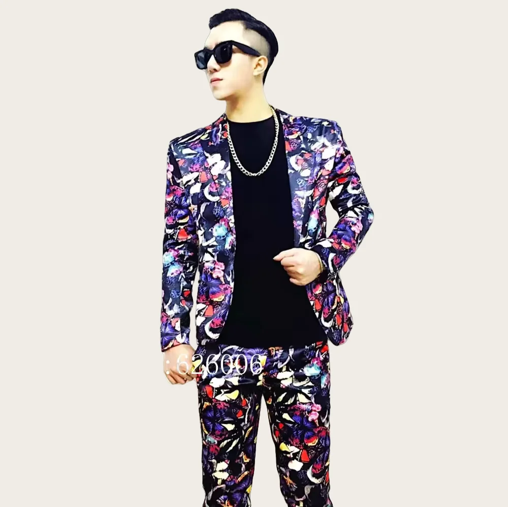 Personality Men's Fashion Butterfly Flower Printed Suit Costumes Nightclub Male DJ dragon GD styles male singer suits