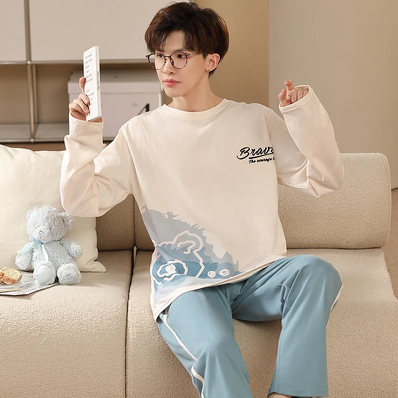 Cotton Pajamas Set For Men Korean Fashion Nightwear Pjs Plus Size 3XL Home Suit Male Pijamas Sleeping Tops Home Clothes Homme