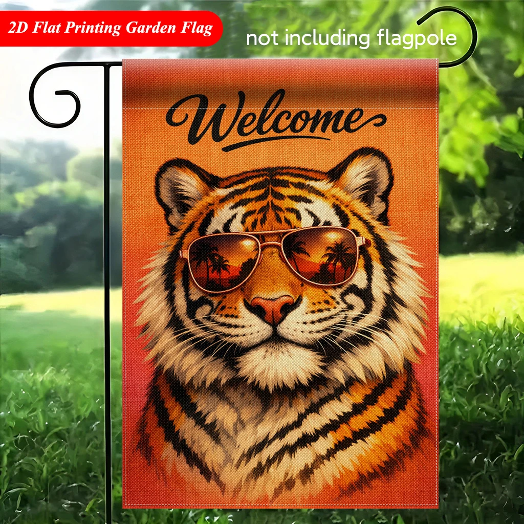 1pcs Welcome Summer Cool Tiger Garden Flag 2D Flat Printed Tropical Sunset Outdoor Yard Decor Flag No Pole