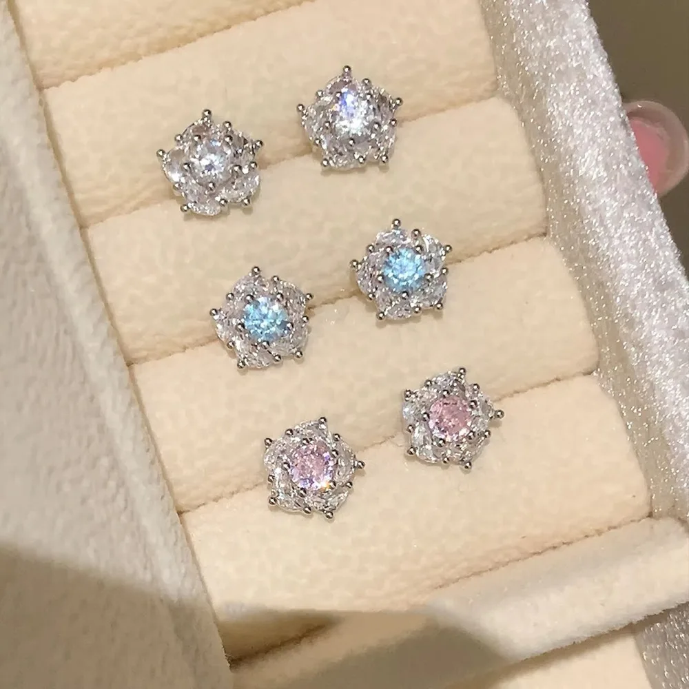 Dainty Sweet 3 Colors Snowflake Cluster Ice Flower Zircon 925 Sterling Silver Stud Earrings for Women Temperament Jewelry Gifts