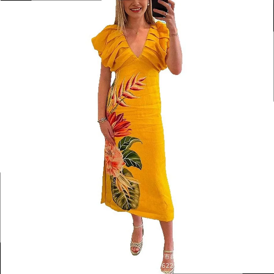Sexy V Neck Digital Print Sleeveless Dress Casual Long Dresses Spring Summer Matching Set