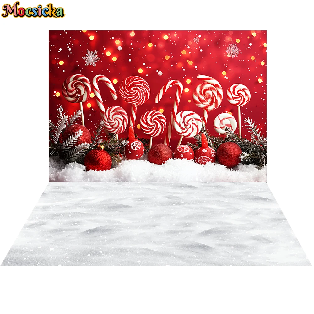 

Mocsicka Christmas Candy Photography Background Snow Pine Tree Red and White Cane Child Portrait Decoratio Backdrop Photo Studio