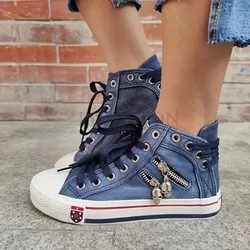 Women New Denim Flat-heel Round Toe Lace-up Skull Metal Decoration High-top Comfortable Fashion Classic Platform Casual Sneakers