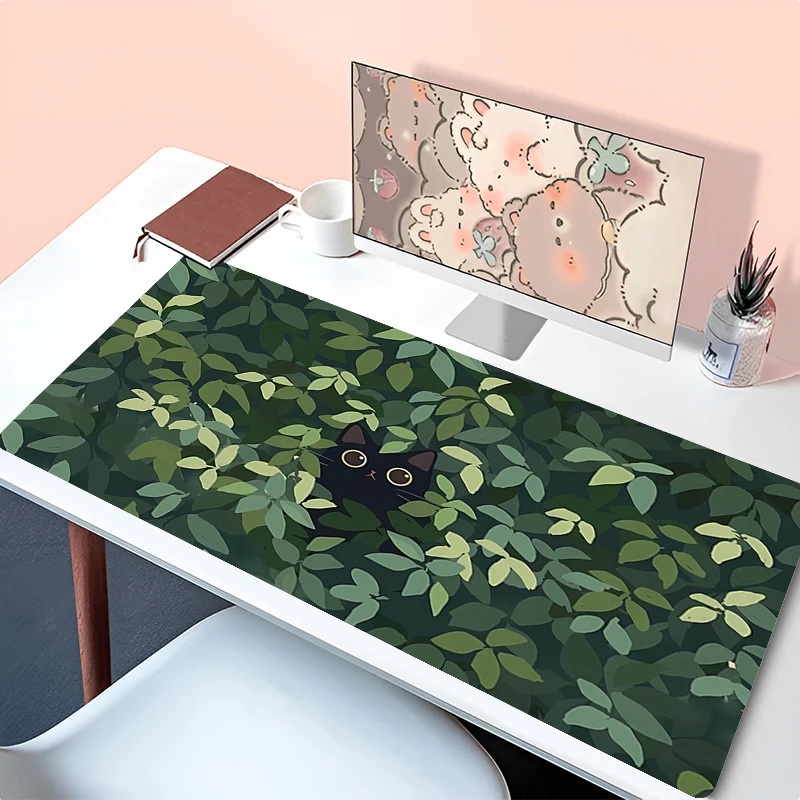 Green Plants Mouse Pad Computer Flowers Cat Gaming Desk Mat Large Anime Gamer Cabinet Mousepad Laptop Kawaii Extended Desk Mat