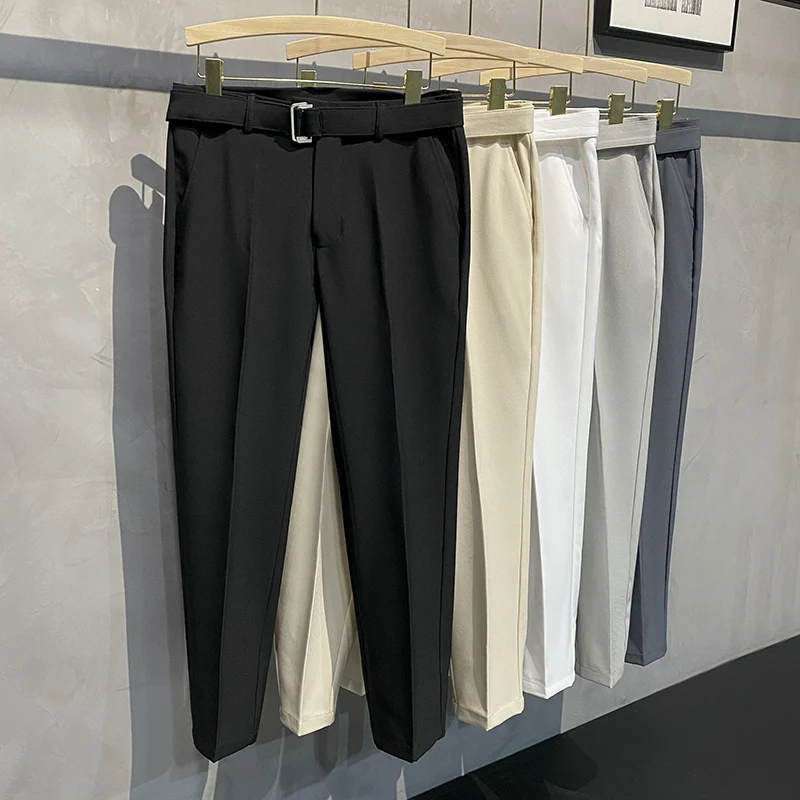 

Spring and Autumn Solid Color Men's Casual Pants Belt Fashion Harem Pants Ankle Length Suit Pants