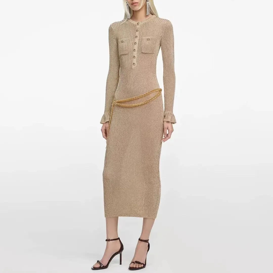 Women Golden stretch knitted dress fashion slim midi dress with chain