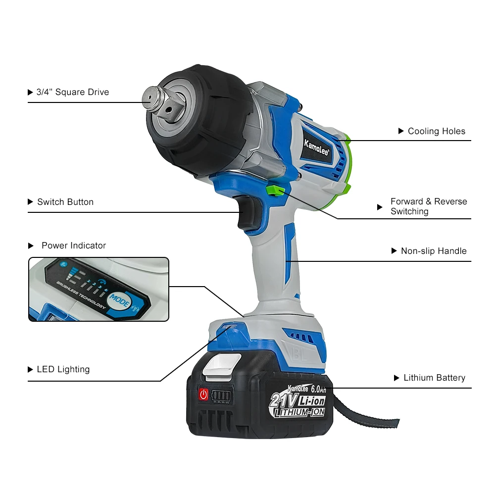 SHAVINGFUN Clé à chocs - clé à chocs sans fil - 480 Ft-lb 650Nm couple élevé, 3300 tr/min, moteur sans balais avec batterie au lithium 2x3,0 Ah avec 9 perceuses, pour voiture