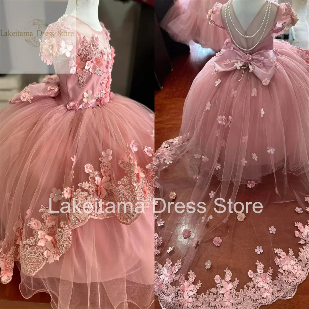 3d Applique Pink Flower Girl Dress For Wedding Puffy Tulle Floor Length Birthday Party Dress Pageant Toddler Baby Prom Gowns