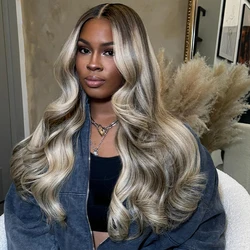 Ombre Highlight Gray Transparent 13X4 Lace Frontal Wig Ash Blonde Wig Human Hair Pre-plucked Body Wave for Women