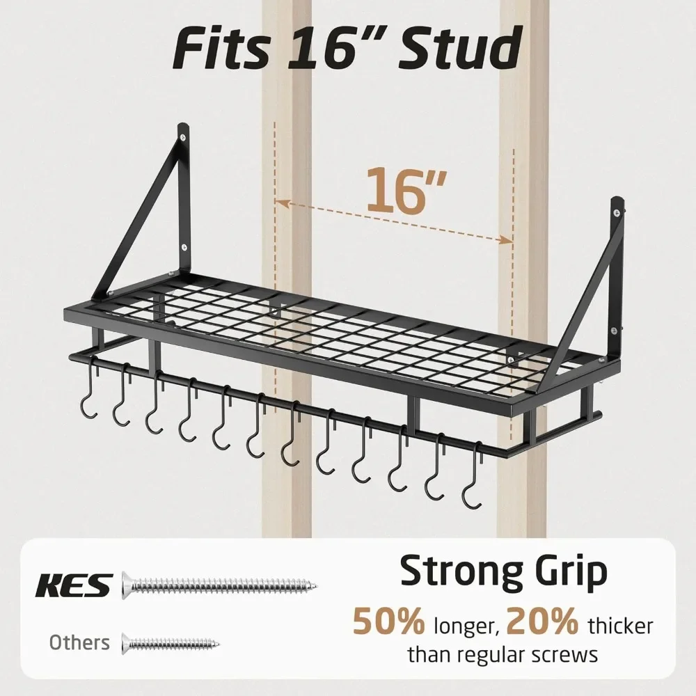 30-inch keukenpanpottenrek wandgemonteerde hangende opbergorganisator wandplank met haken matzwart