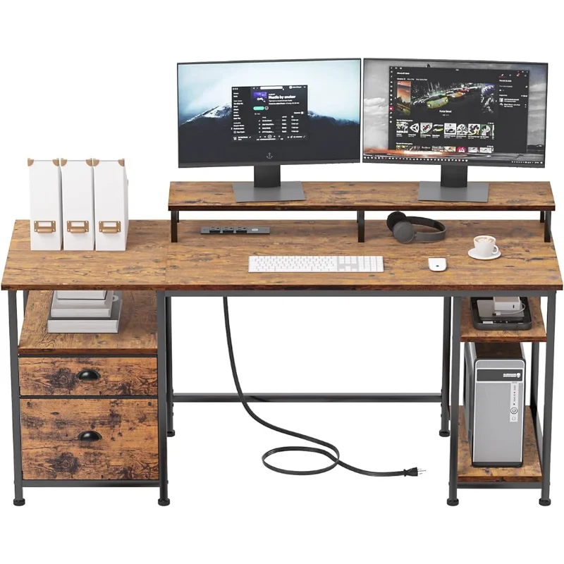 

61" Computer Desk with Power Outlet and USB Ports, Shelves and Drawer, Fabric File Cabinet and Long Monitor Stand