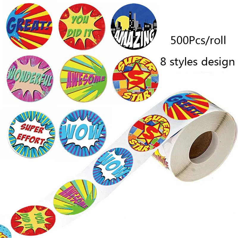 New 500pcs/Roll Super Hero Reward Designs Stickers Encouragement Scrapbooking Paper Seal Students Kids Stationery 2.5cm Stickers
