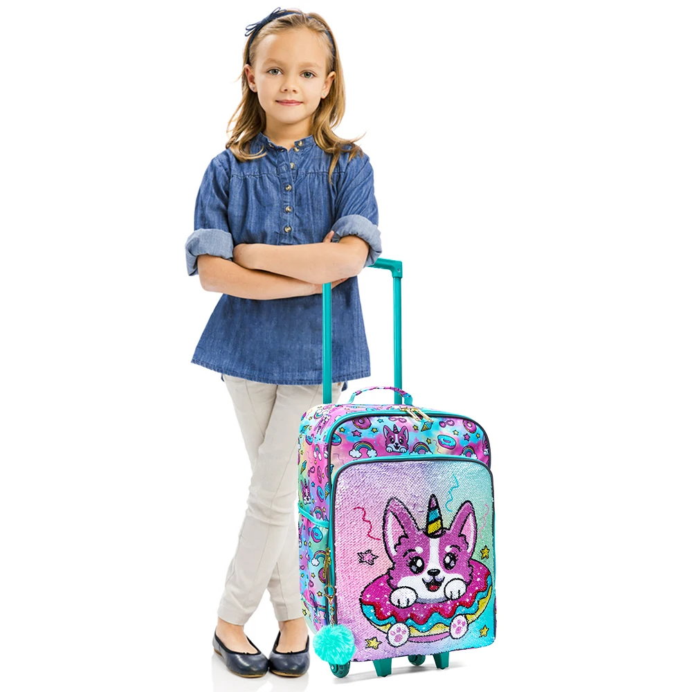 

Rolling Wheels Suitcase, Cute Cartoon Little Puppy Sequin Design Children Travel Carry on Suitcase,18 inch