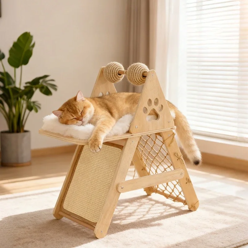 Multifunctional Wooden Cat Tree with Sisal Scratching Board Climbing Net Plush Bed Interactive Toy Pet Activity Cat SuppliesGift