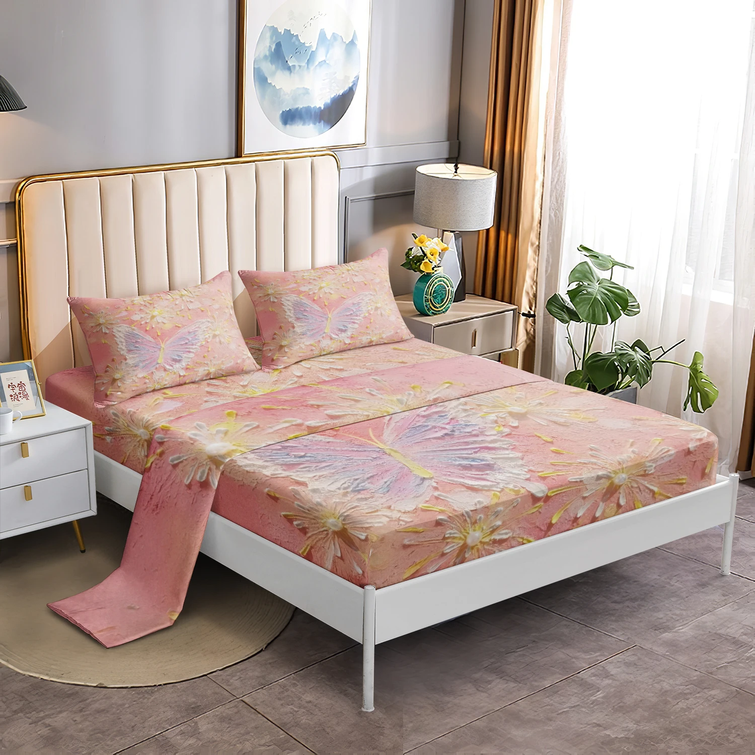 4Pcs Pink Oil Painting Butterfly Daisy Fitted Sheet Set, Pink Base Textured Butterfly & Floral Print Flat Sheet Fitted Sheet