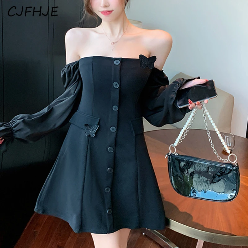 CJFHJE Sexy Off Shoulder Mini Dress Women Vintage Elegant Gothic Black Party Dress Korean Casual Strapless Chic Prom Y2K Dresses