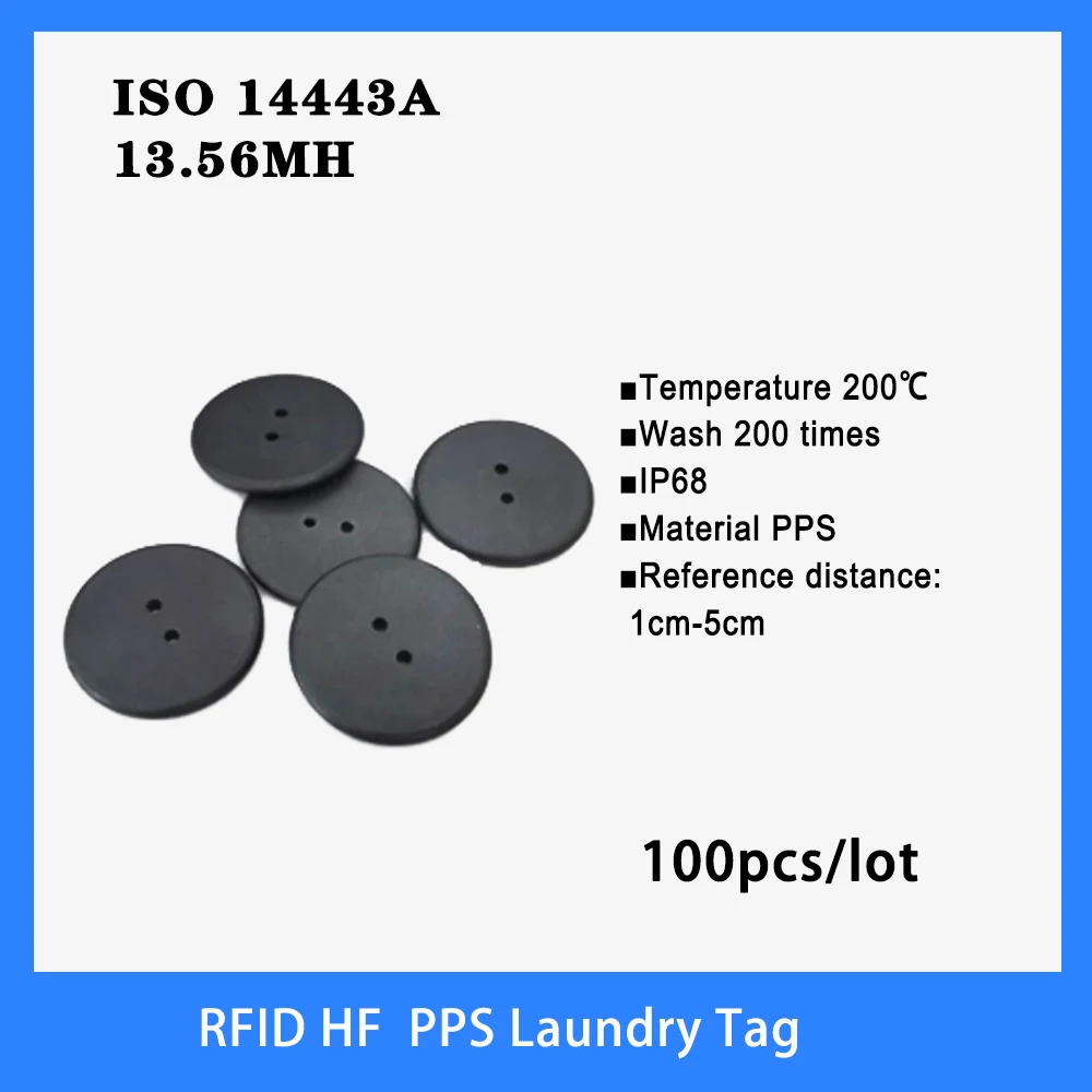 RFID HF NFC Laundry Tag 13.56MHz High Temperature Resistant PPS-button RFID Tags Smart Card ISO14443A  100pcs