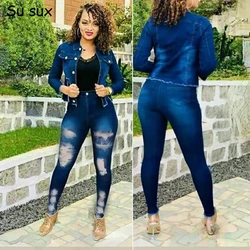 Denim Hole Slim Pencil Pant Sets Tracksuit Women Jeans 2 Piece Set Casual Turn Down Collar Long Sleeve Jacket Coat Outfits Vesti