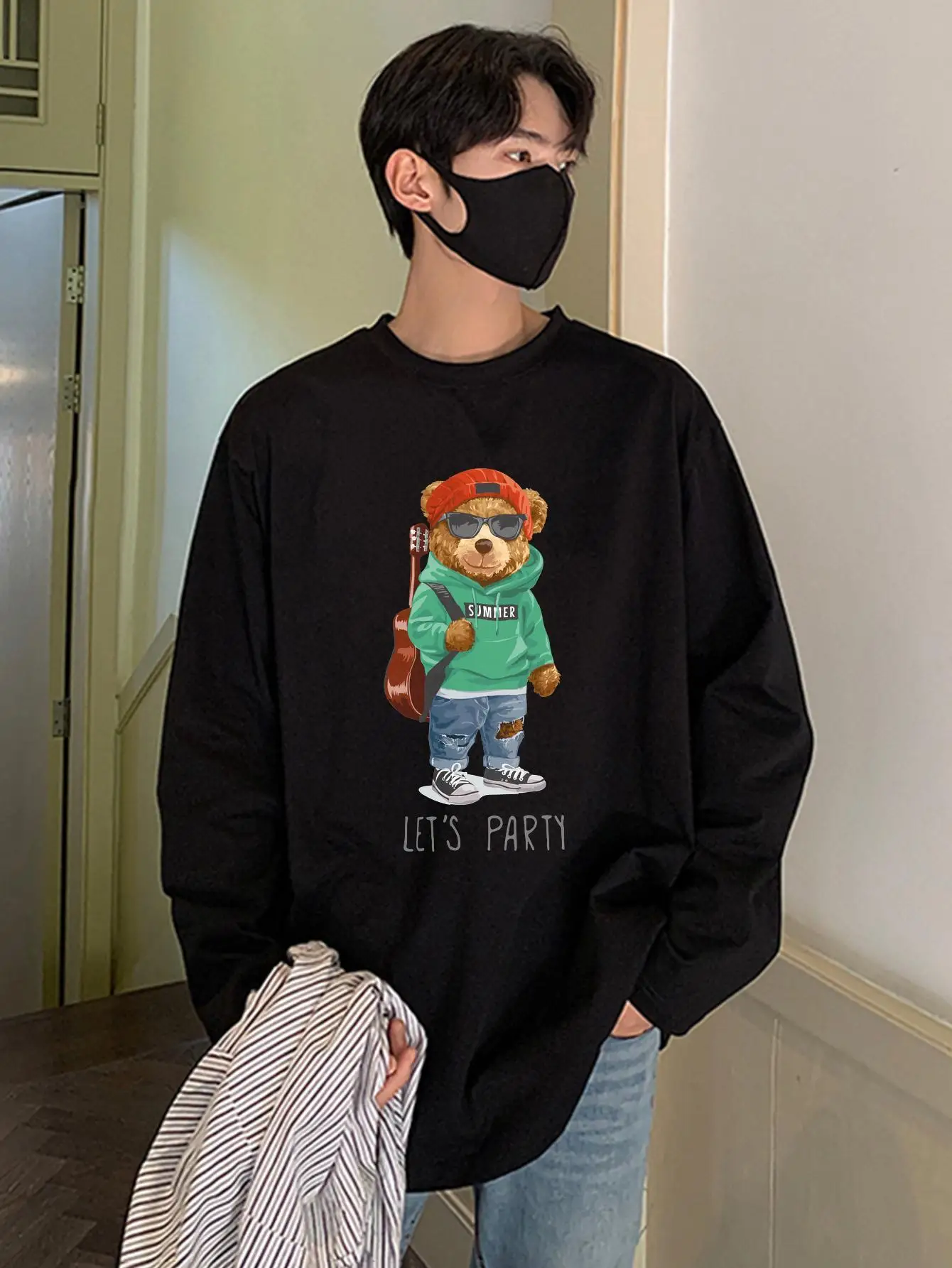 Hip Hop Designer Brand Man Loose T-shirts Autumn Fashion Cotton Tees Korean Style Male Party Bear Graphic Tops Y2k Long Sleeve