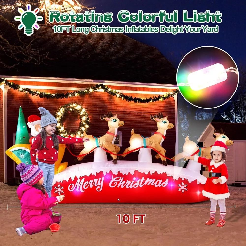 Decoração de Natal ao ar livre de rena de trenó de Papai Noel de 10 pés com luzes LED coloridas embutidas