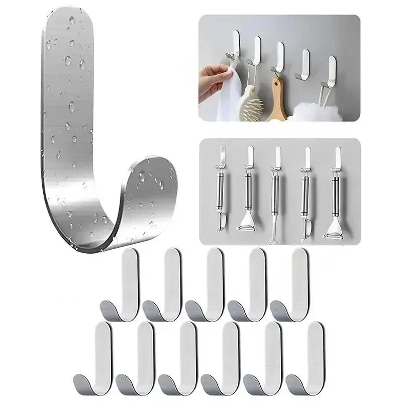 10 Stück Klebehaken aus Metall, Edelstahl-Wandhaken, J-Haken, Schlüsselhalter, selbstklebender Wandhaken für Dusche und Küche