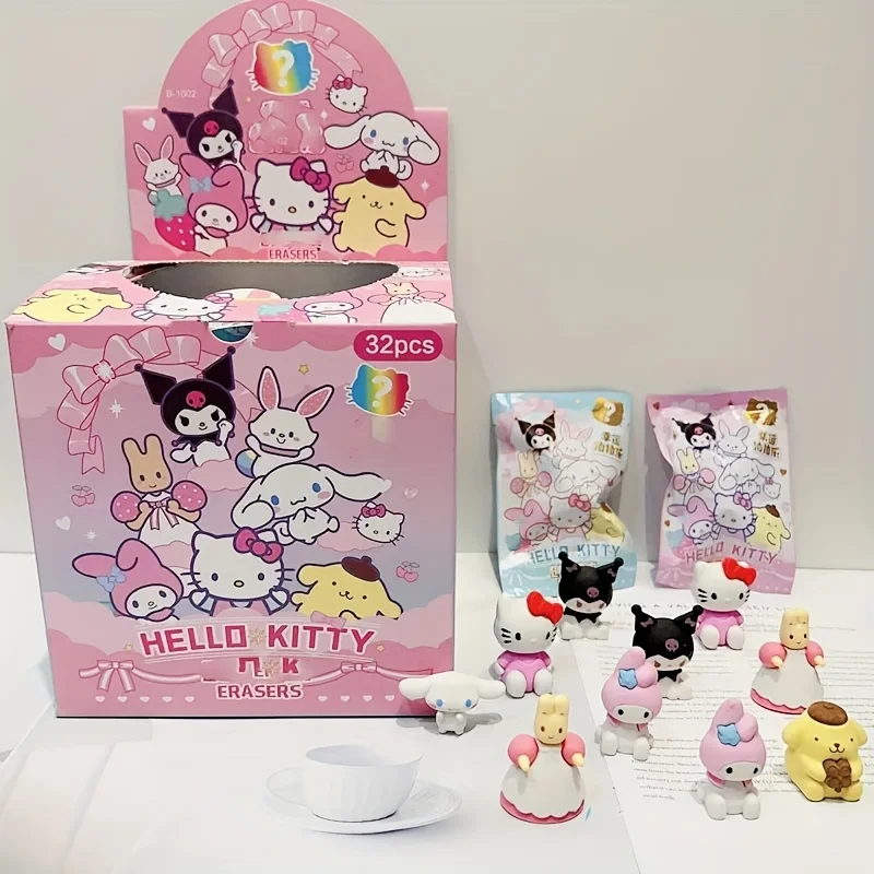 32 pcs/box Hello Kitty My Melody Kuromi Cinnamon Pencil Eraser Kawaii Eraser Anime Soft Action Doll Toy Stationery Blind Box Era